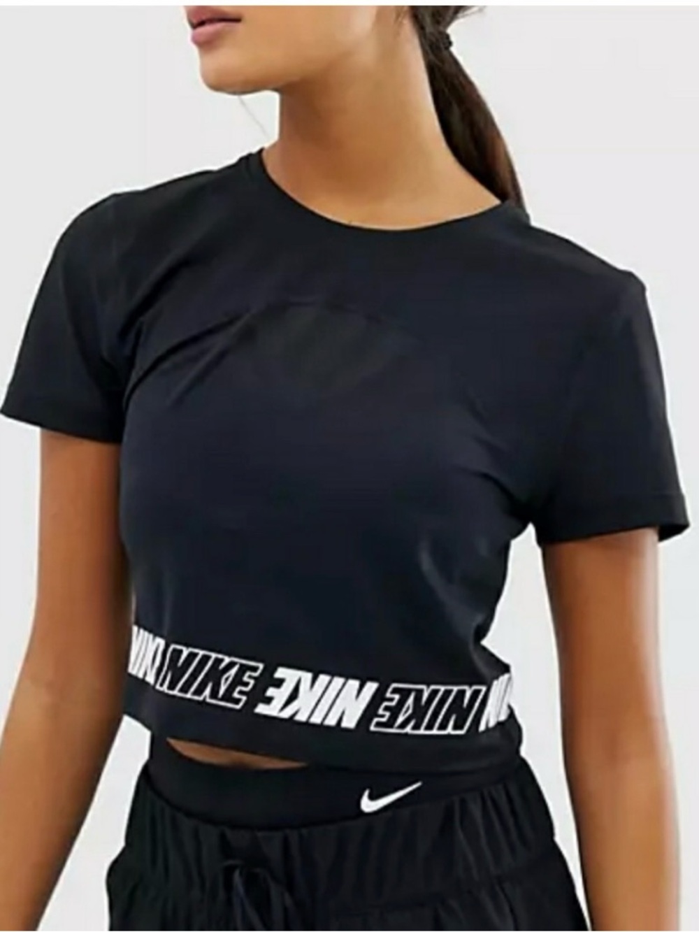 Nike Black Crop Mesh Tee with White Branded Hem
